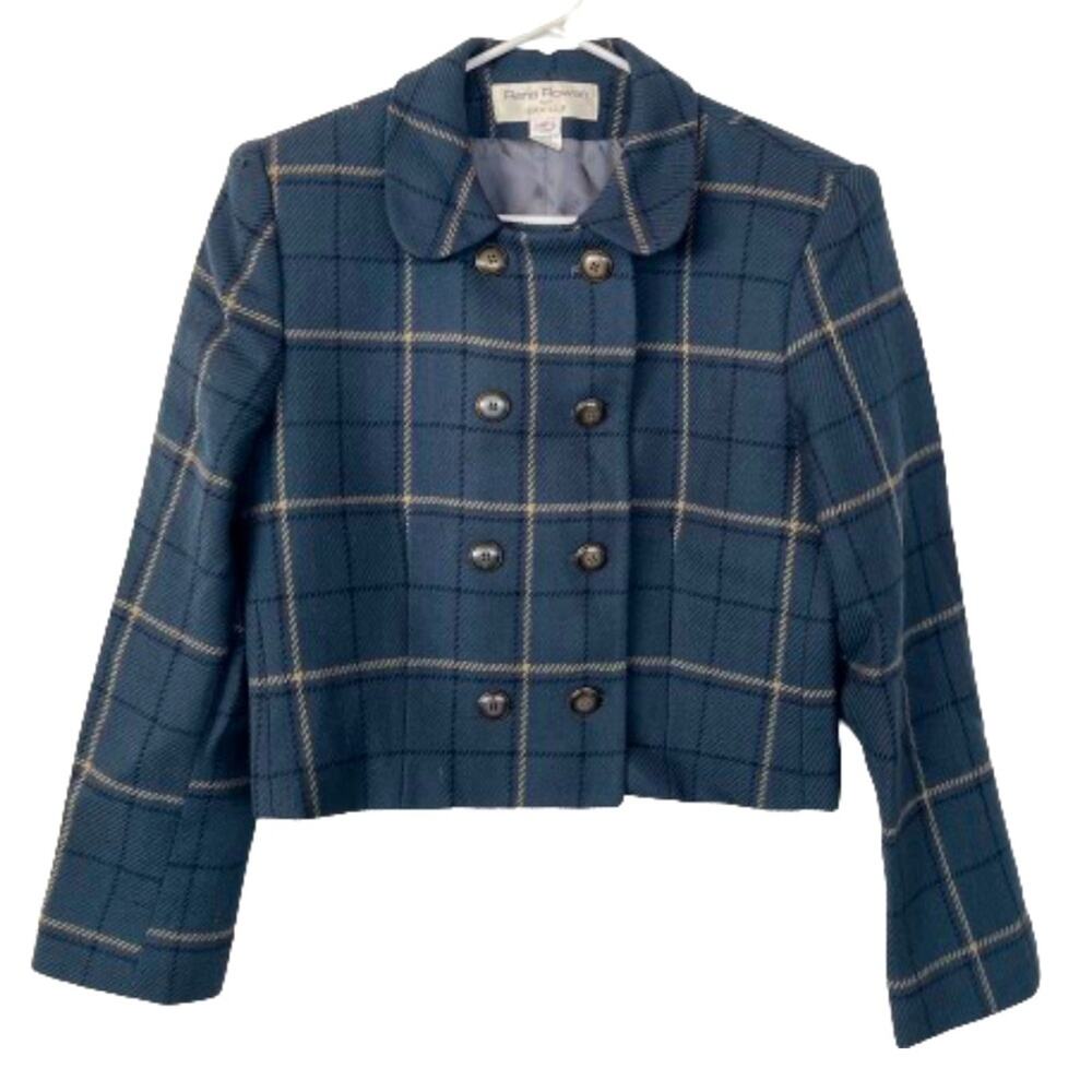 Vintage Blue Plaid Wool Cropped Jacket Double Breasted Blazer 60s Style Saville